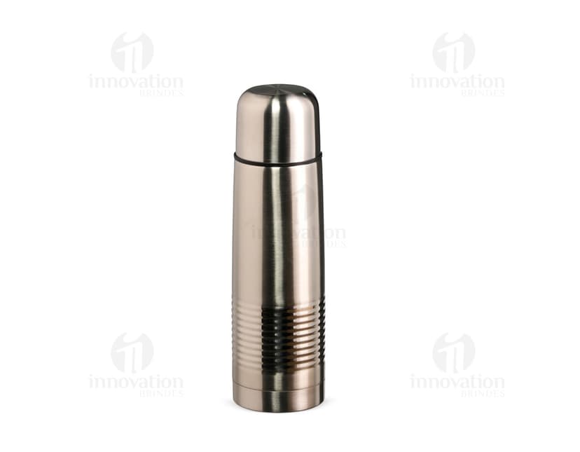 Garrafa Térmica 500ml em aço inoxidável com tampa de rosca e alça de transporte. Cor preta e design elegante.