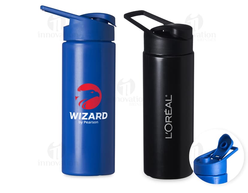 Squeeze Plástico 550ml transparente com tampa azul e detalhes em relevo.