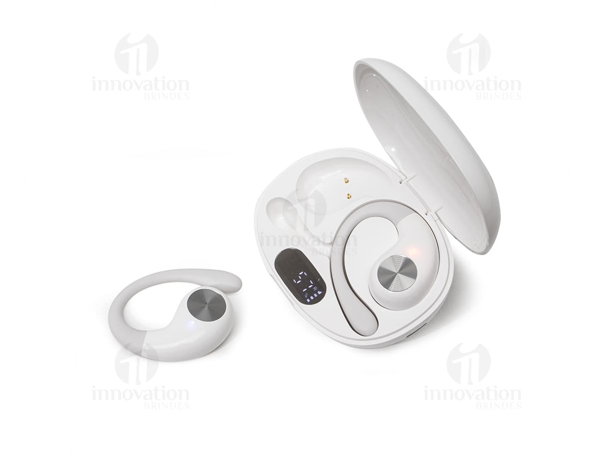 Fone de ouvido de condução óssea em cor preta, com design moderno e tecnologia avançada.