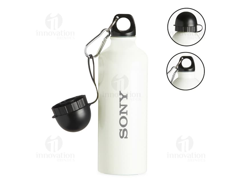 Squeeze de alumínio sublimático de 500ml, com design personalizado e tampa da cor preta.