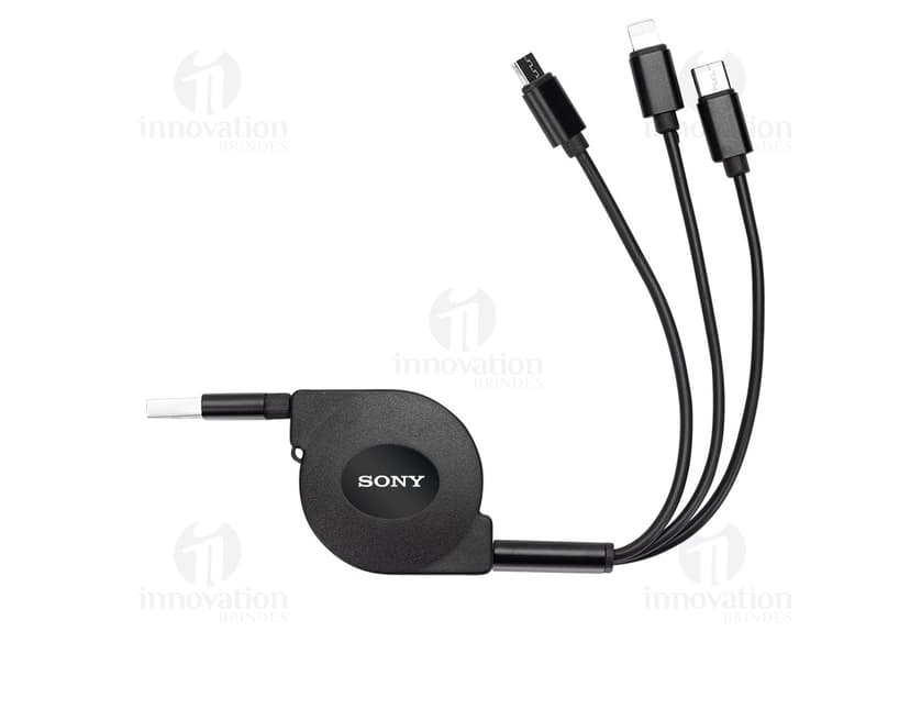 Cabo USB retrátil 3 em 1 em cores preta e branca, mostrando a versatilidade do produto.