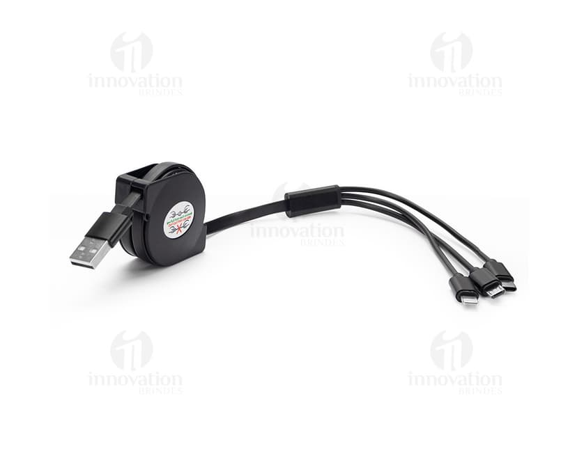 Cabo USB retrátil 3 em 1 em cores preta e branca, mostrando a versatilidade do produto.