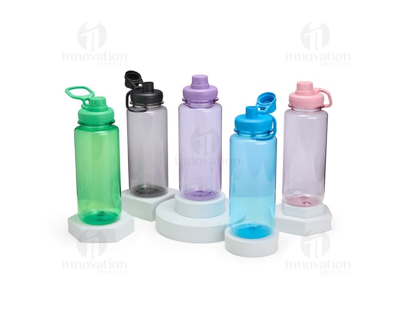 Squeeze Plástico 1 Litro transparente com tampa rosqueável e alça para transporte.