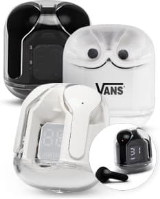 Fone de ouvido Bluetooth com case preto e elegante em fundo branco.