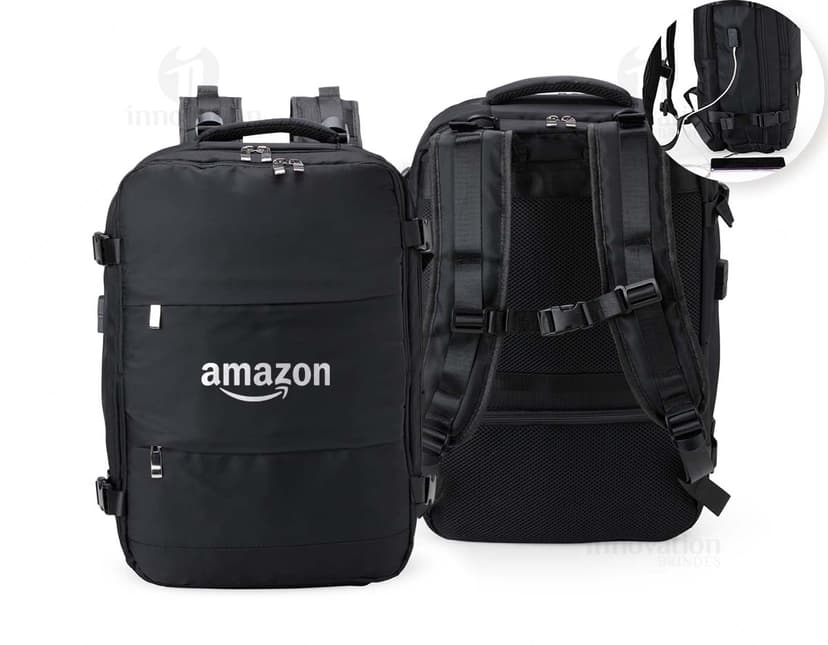 Mochila de viagem preta de 41 litros em couro sintético com zíper, alça de mão e alça de ombro ajustável. Ideal para negócios, viagens e aventuras, proporcionando estilo e praticidade.