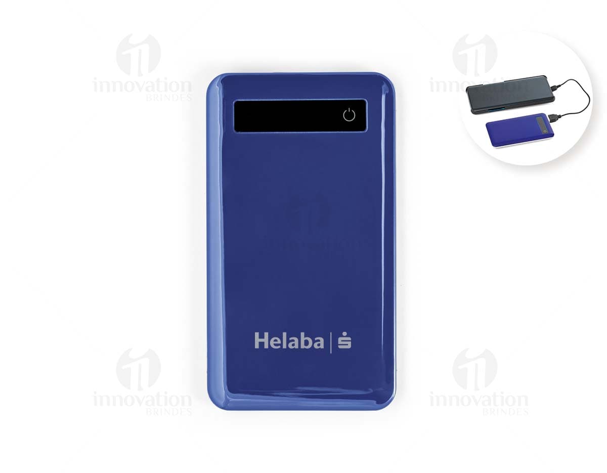 Bateria portátil com ecrã touch preto e prateado, tecnológico e moderno. Ideal para recarregar dispositivos móveis e se conectar de forma segura e fácil. Perfeito para uso em escritórios e ambientes corporativos.