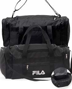 Bolsa de nylon preta com alça de couro, zipper e fivela. Moderna e elegante, ideal para compras e viagens. Único compartimento de 23 litros, com bolsos internos e externos. Elegante e prática, combina estilo e funcionalidade.