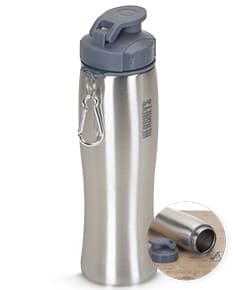 Squeeze Inox 750ml, em metal prateado, com tampa de plástico preto e detalhes em aço inoxidável. Equipamento de higiene e saúde, clean e shiny, com capacidade para líquidos, shape elegante e capacidade de spray.