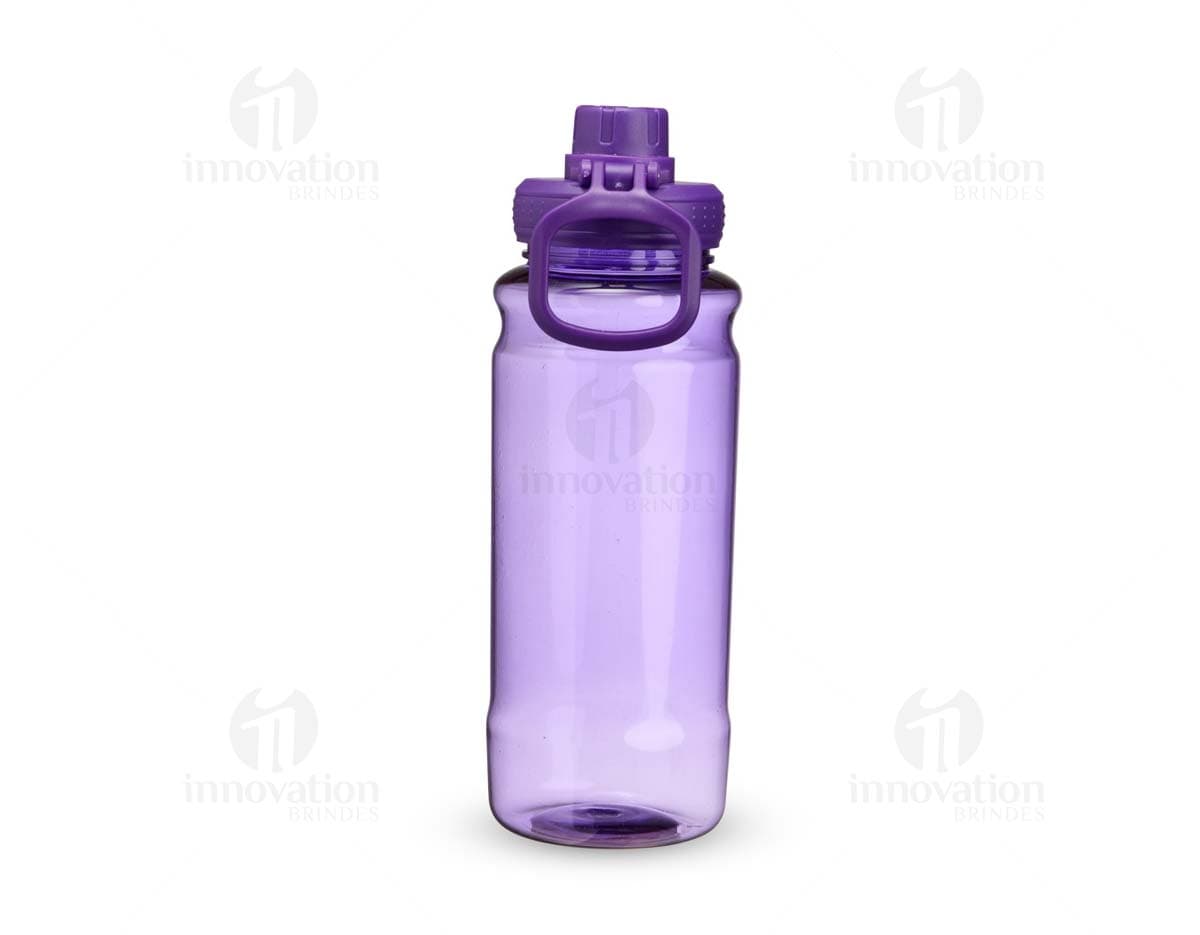 Garrafa plástica de 800ml em cor azul claro, com tampa rosqueável e design elegante.