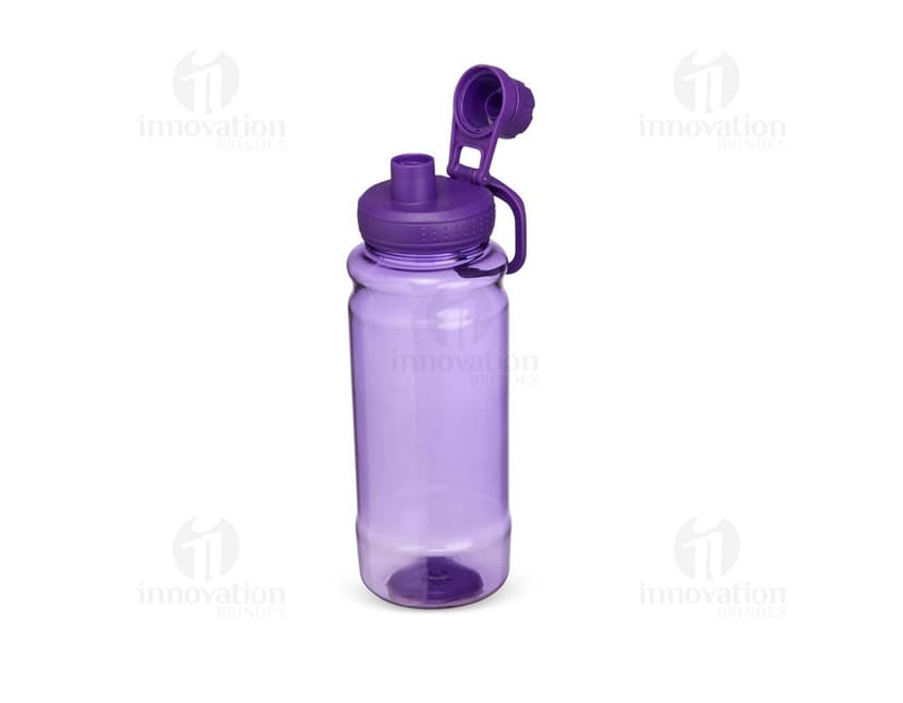 Garrafa plástica de 800ml em cor azul claro, com tampa rosqueável e design elegante.
