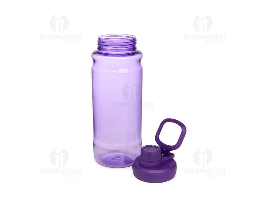 Garrafa plástica de 800ml em cor azul claro, com tampa rosqueável e design elegante.