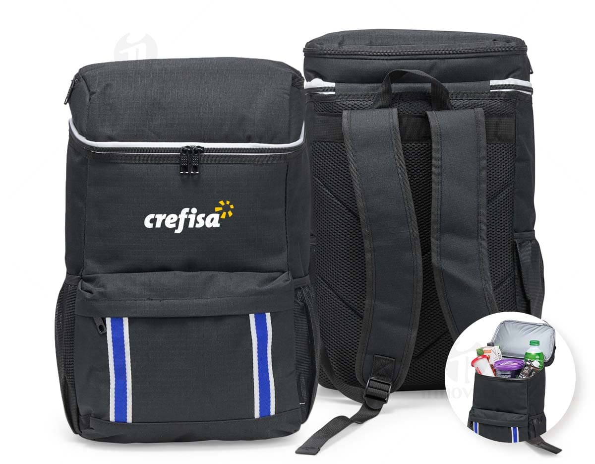 Mochila térmica com capacidade para 18 litros, na cor azul marinho, feita de material resistente e com alça ajustável.