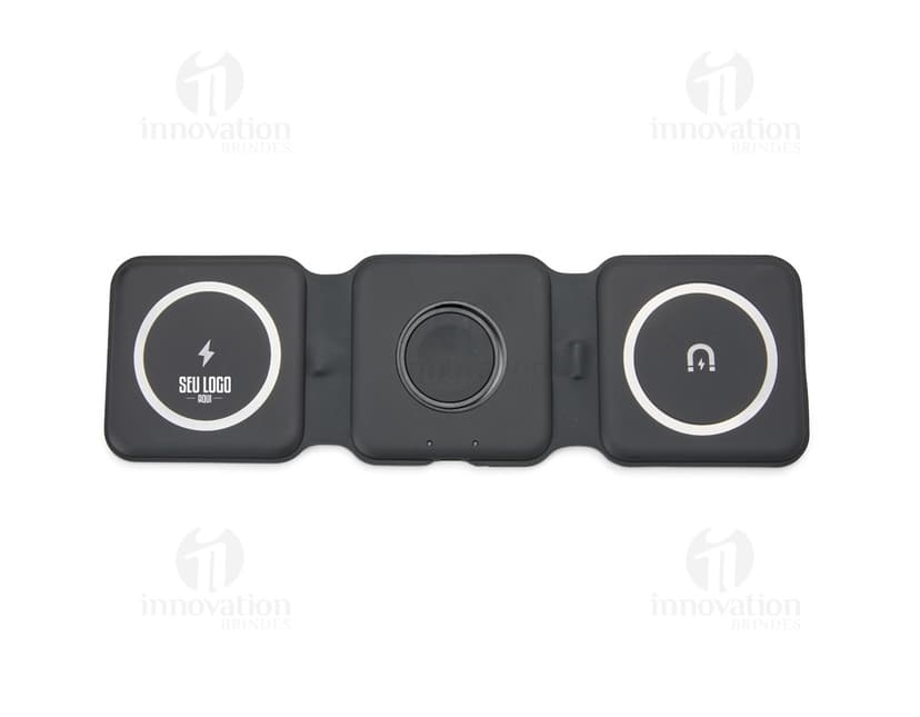 Carregador via Indução 3 em 1 em cor preta, com base para celular e smartwatch integradas.