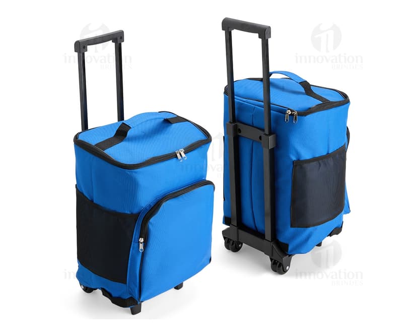 Bolsa Térmica 23L com Rodinhas em cor azul, ideal para transportar alimentos e bebidas de forma prática e mantendo a temperatura.