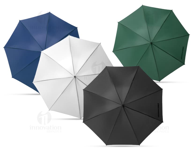 Guarda-chuva em poliéster 190T na cor azul, dobrado e fechado sobre fundo branco.