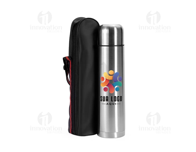 Garrafa térmica de aço inoxidável com capacidade de 1 litro, com design elegante e moderno.