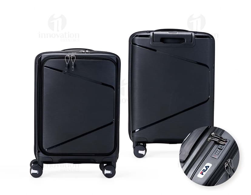 Mala de viagem de 36 litros na cor preta, feita de material resistente e com rodinhas para facilitar o transporte.