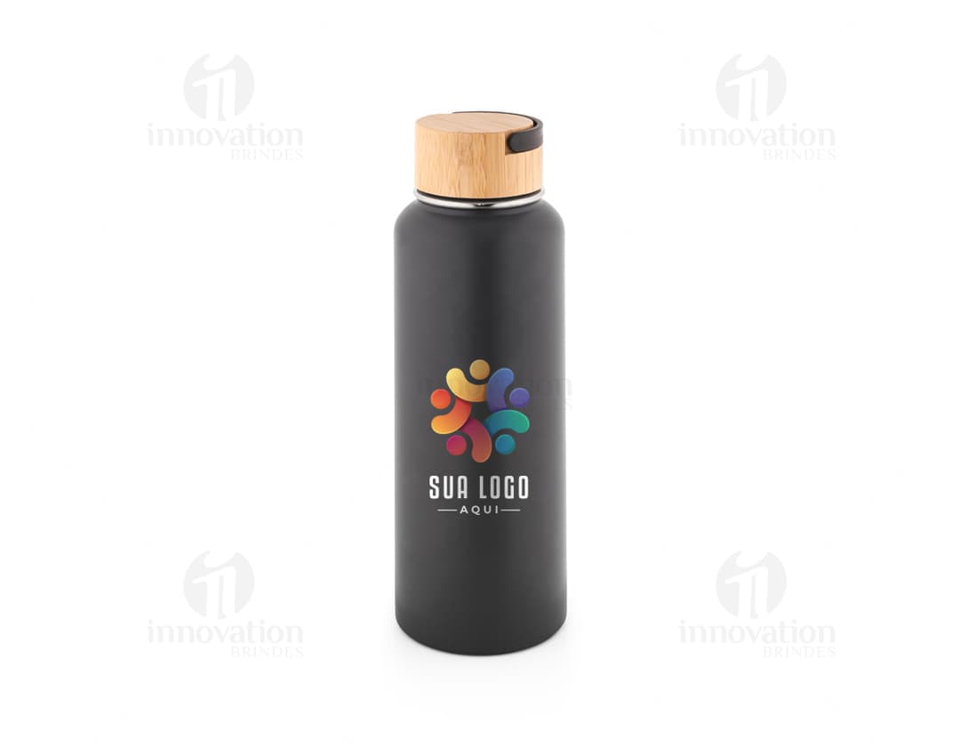 Squeeze térmico em aço inox com tampa de rosca e design elegante.