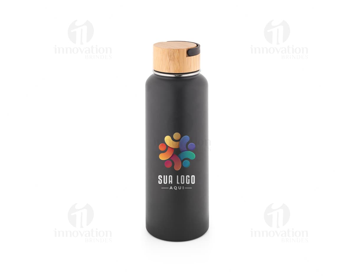 Squeeze térmico em aço inox com tampa de rosca e design elegante.