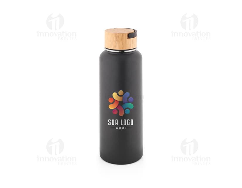 Squeeze térmico em aço inox com tampa de rosca e design elegante.