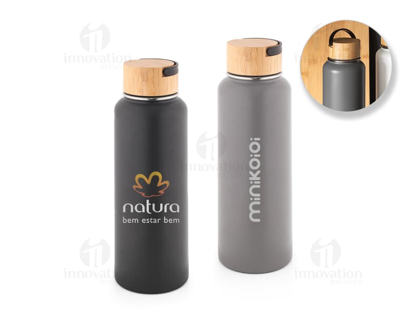 Squeeze térmico em aço inox com tampa de rosca e design elegante.