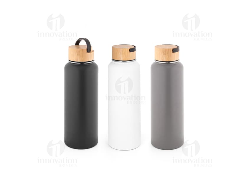 Squeeze térmico em aço inox com tampa de rosca e design elegante.