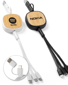 Cabo para carregamento 3 em 1 em cores preta, branca e rosa, com conectores USB, micro-USB e Lightning.