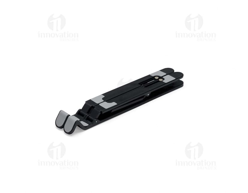 Suporte retrátil para notebook em metal prateado, design industrial e tecnológico. Inclui suporte, assento, Equipamento eletrônico e dispositivo de comunicação.