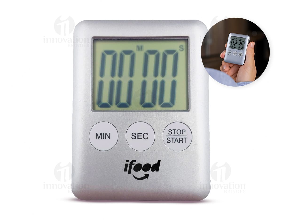 Cronômetro Timer de cor preta sobre fundo branco, mostrando os números em destaque.