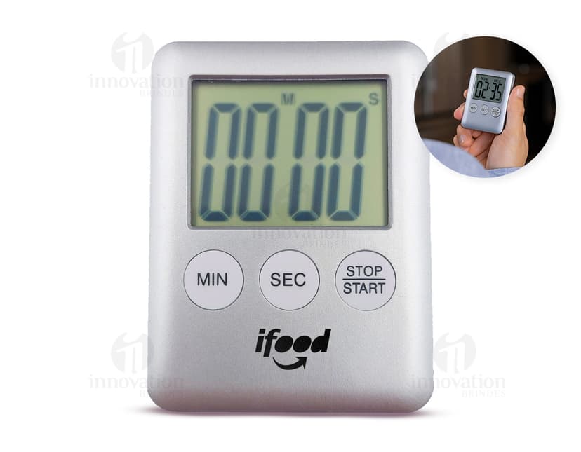 Cronômetro Timer de cor preta sobre fundo branco, mostrando os números em destaque.