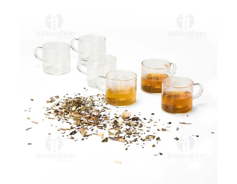 Kit Xícaras de Vidro 6 Peças são xícaras de vidro transparente, ideais para servir chás, cafés e outras bebidas quentes. As xícaras possuem um design elegante e moderno, sendo perfeitas para uso em casa ou em eventos.