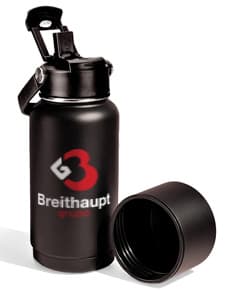 Garrafa térmica de 700ml em aço inoxidável, com tampa de rosca e alça para transporte. A garrafa tem design moderno na cor prata e é ideal para manter bebidas quentes ou frias por mais tempo.