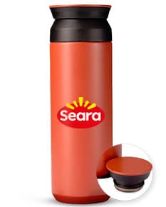 Garrafa térmica de 470ml em metal, de cor amarela, com tampa de rosca.