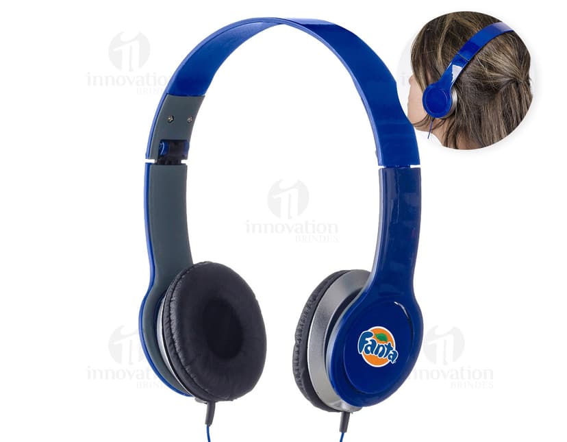 Fone de Ouvido Portátil preto com design dobrável e almofadas acolchoadas.