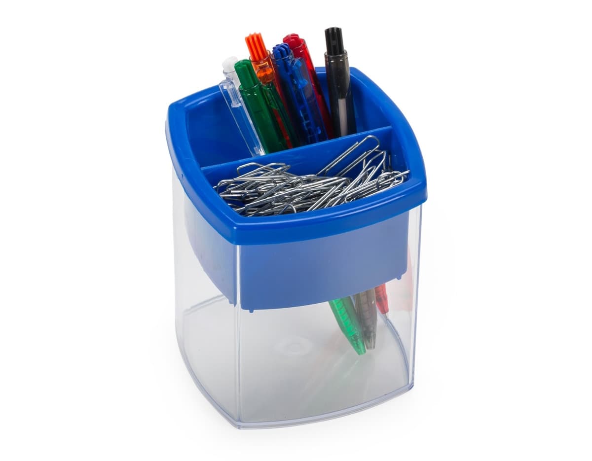 Porta caneta e clips de plástico na cor preta.