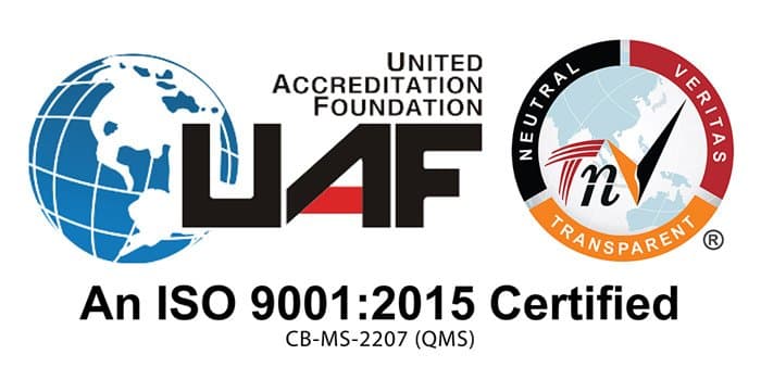 Selo da United Accreditation Foundation atestando que a Innovation Brindes é certificada ISO 9001:2015, certificado CB-MS-2207 (QMS)
