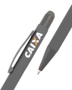 Caneta Metal Touch com design metálico, prata e preta, ideal para escrita em papel. Leve e resistente, possui ponta afiada e indicador de tinta. Perfeita para uso em escritório, escola ou para assinaturas.