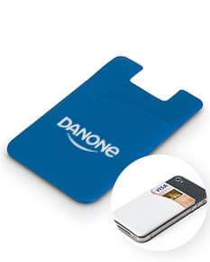 Porta cartões para celular em PVC preto, vazio e aberto, com design eletrônico. O dispositivo 3D possui teclado, ícone de segurança, botão de fechar e abrir, espaço para cartões e dinheiro, símbolo de mercado e financeiro. Ideal para armazenar cartões, dinheiro e notas de forma segura e organizada.